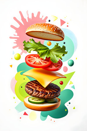 Hamburger with flying ingredients on colorful background. Vector illustration.の素材