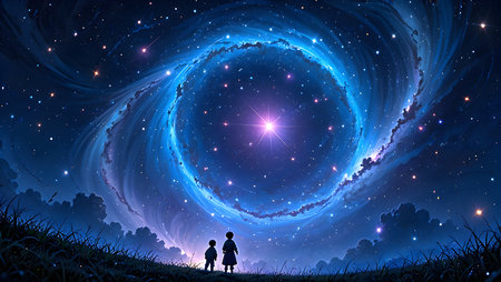 Silhouette of little boy and girl looking at spiral in galaxyの素材