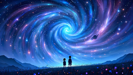Silhouette of a boy and a girl looking at the Milky Wayの素材