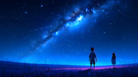 Silhouette of a boy and girl looking at the milky wayの素材