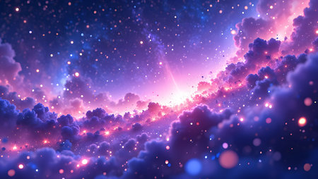 3D Illustration of a Beautiful Night Sky with Clouds and Starsの素材