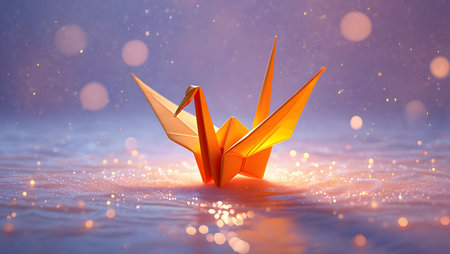 Paper origami bird on water surface. 3d render illustration.の素材