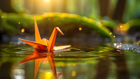 Paper origami boat in the pond with sunlight in the morning.の素材