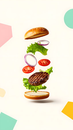 Burger with flying ingredients on white background. Fast food concept.の素材