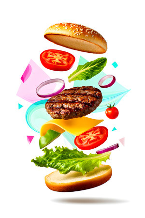 Flying hamburger with vegetables and flying ingredients isolated on white background.の素材
