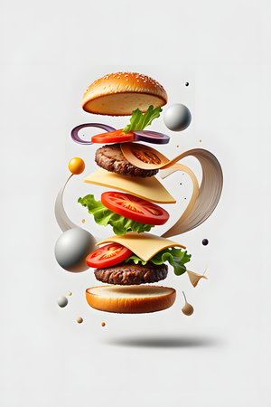 Flying hamburger with flying ingredients on white background. Vector illustration.の素材