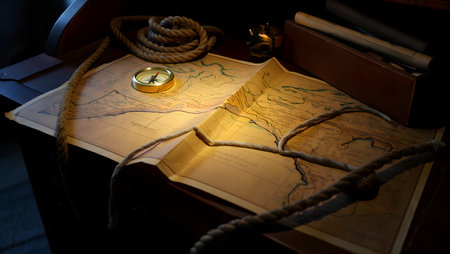 compass and map on the table in the dark, vintage styleの素材