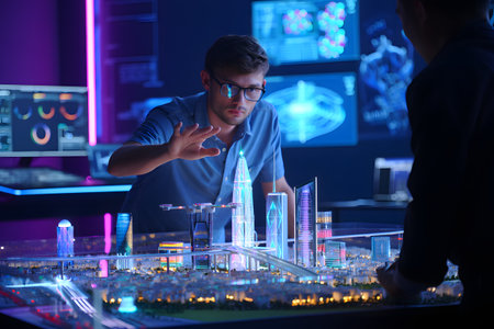 Young man playing video game at table in futuristic office. Gaming conceptの素材