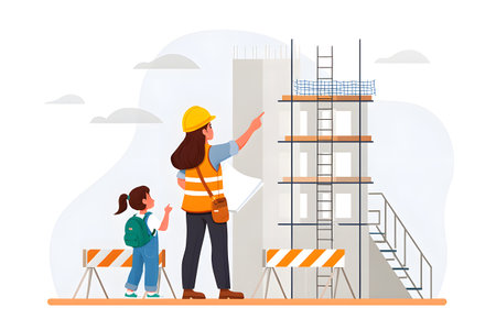 Architecture concept vector illustration. Cartoon flat design of building site, engineer and child on background.の素材