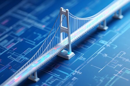 3d rendering of Golden Gate bridge over circuit board with blue backgroundの素材
