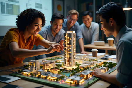Group of happy young business people discussing over model of city in officeの素材