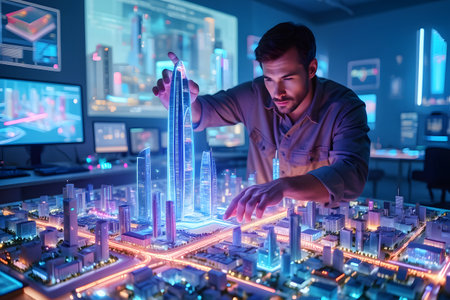 Portrait of a handsome young man architect working on a model of a cityの素材