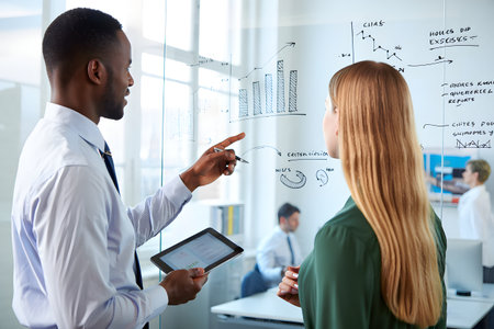 business, people and teamwork concept - smiling african american businessman pointing finger to flip chart at officeの素材
