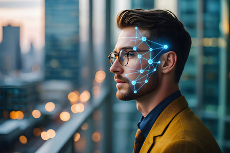 Young handsome businessman using a virtual network on a skyscraper background.の素材