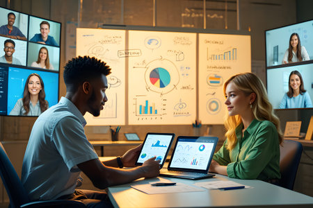 african american businessman and businesswoman working on computer in officeの素材