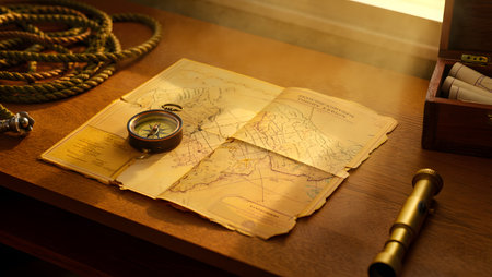 compass and map on a desk in a hotel room, travel conceptの素材