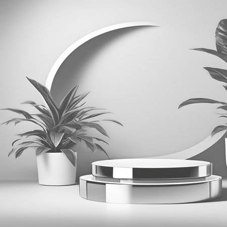Minimalist abstract scene with podium and plants. 3d renderの素材
