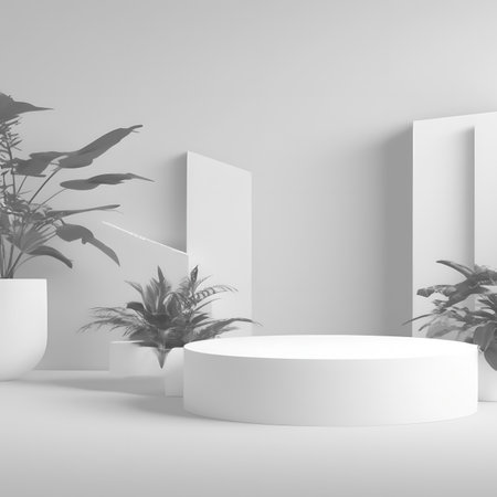 3d render of white minimal product display podium with tropical plants.の素材