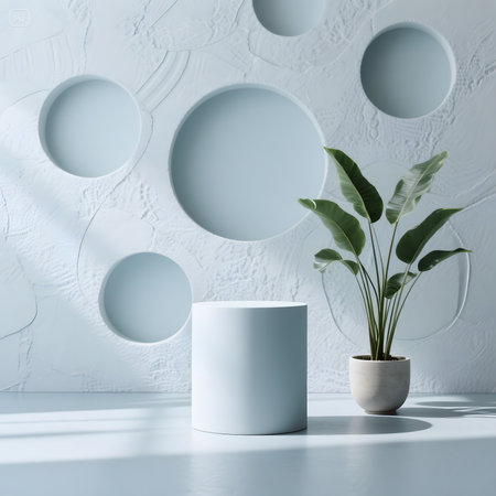 Minimalist interior design with round podium and plant. 3d renderの素材