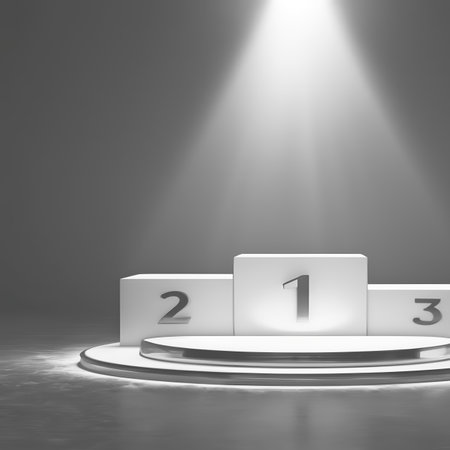 Pedestal podium illuminated with spotlight. Award ceremony concept. 3D renderingの素材
