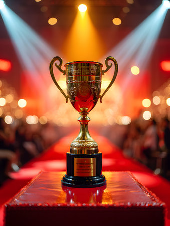 Golden trophy cup on the red carpet at the exhibition of achievements.の素材