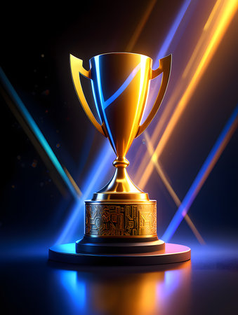 Trophy cup on a dark background. 3d illustration. Vector.の素材