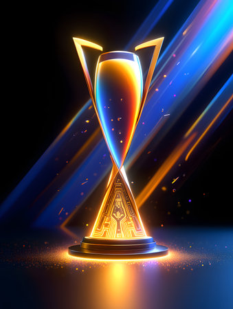 Trophy with glowing light effect on dark background. Vector illustration.の素材