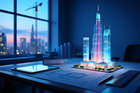 3d rendering of modern office with skyscrapers and digital tabletの素材