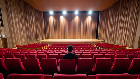 Rear view of businessman sitting in front of red seats in cinema hallの素材