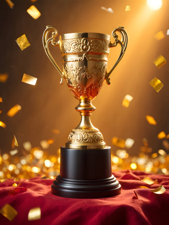 Trophy cup on red background with golden confetti and ribbonsの素材