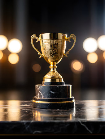 Trophy cup on black marble table with light bokeh backgroundの素材