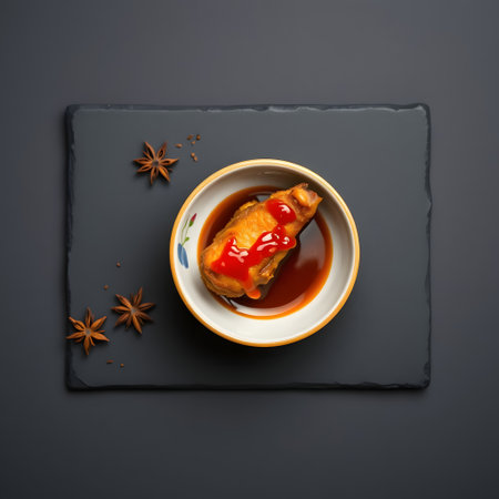 Chinese cuisine. Roast chicken with sauce and spices on black backgroundの素材