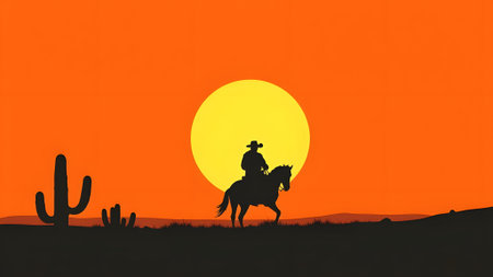 Silhouette of a cowboy riding a horse in the desert at sunsetの素材