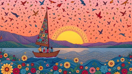 Vintage sailboat on the sea at sunset. Vector illustration.の素材