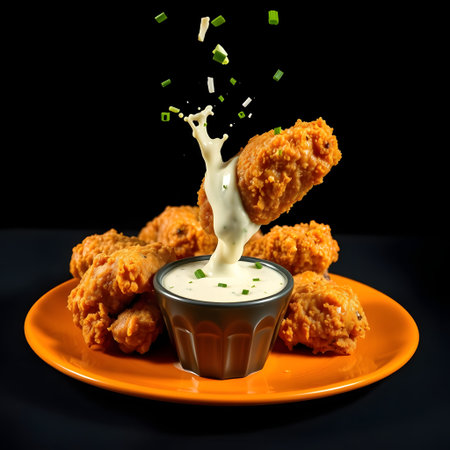 Fried chicken nuggets with mayonnaise on a black backgroundの素材