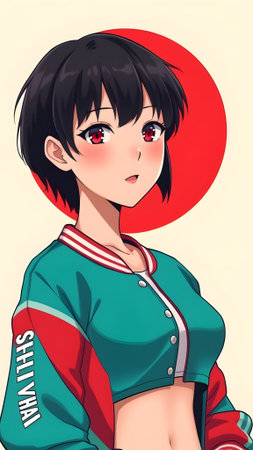 Cute anime girl with red eyes. Vector illustration in retro style.の素材