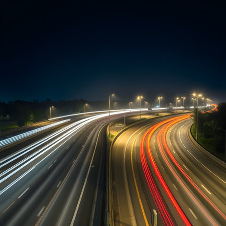 lights of moving cars at night. long exposure, light trails on the roadの素材