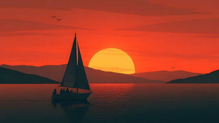 Sailing boat in the sea at sunset. 3d render illustrationの素材