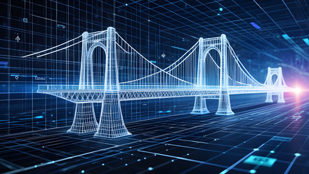 3D rendering of a wireframe illustration of a suspension bridge over a binary code.の素材