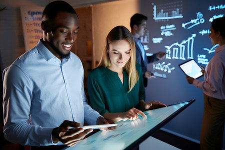 business, technology and people concept - happy creative team with tablet pc computer in officeの素材