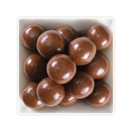 Chocolate balls in square bowl on white backgroundの写真素材
