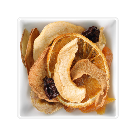 Dried fruit slices in square bowl on white backgroundの写真素材