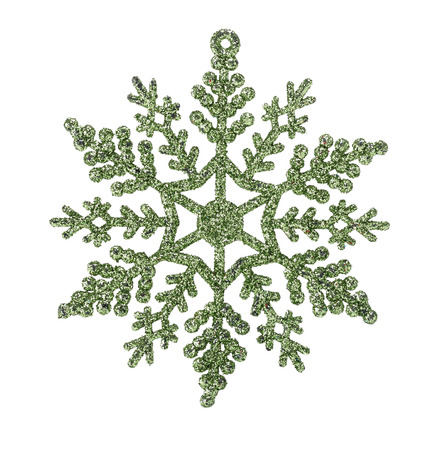 Green snow flake Christmas ornament isolated on white backgroundの写真素材