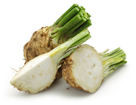 Fresh celery stalks and celeriac isolated on white background. Studio shot.