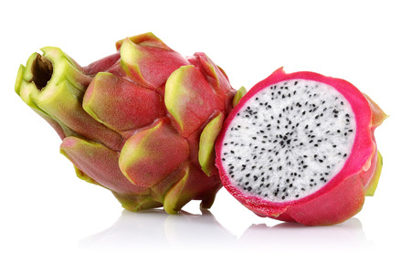 Half and whole dragon fruits isolated on white backgroundの写真素材