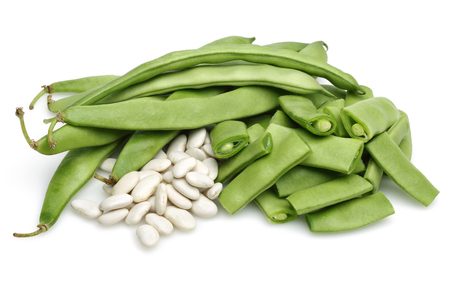 Fresh green beans and white dry beans isolated on white backgroundの写真素材