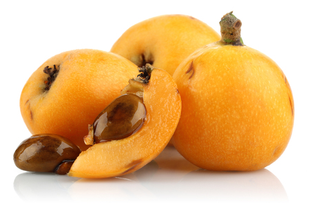 Ripe Loquat fruit or Japanese Plum isolated on white backgroundの写真素材