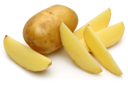 Fresh potato and slice isolated on white backgroundの写真素材