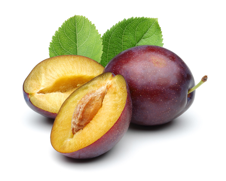 Damson plums with leaf isolated on white backgroundの写真素材