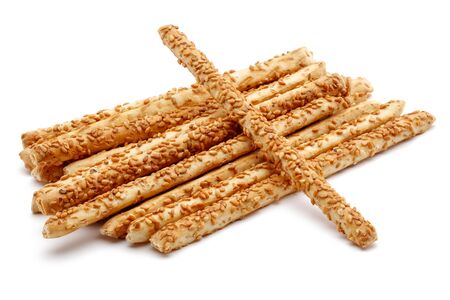 Sesame stick crackers isolated on white backgroundの写真素材